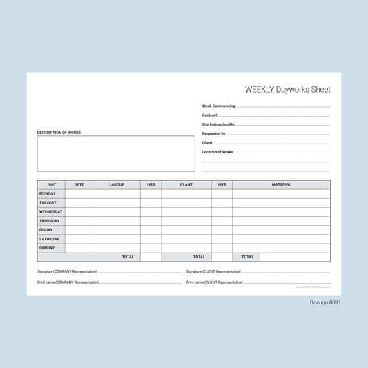 Blank Weekly Dayworks Sheet Template for Builders & Contractors (Docuqo 0091)