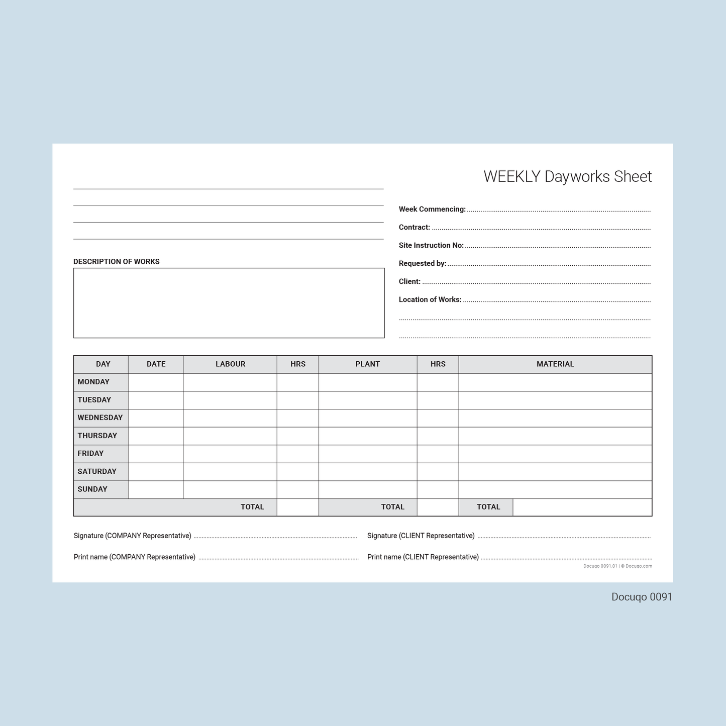 PRINT AND HAND-WRITE Blank Weekly Dayworks Sheet Template for Builders & Contractors (Docuqo 0091)