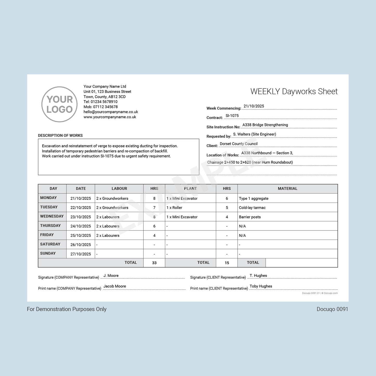 Example Weekly Dayworks Sheet for Construction Site Work (Docuqo 0091)