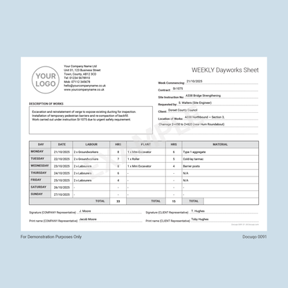 Example Weekly Dayworks Sheet for Construction Site Work (Docuqo 0091)