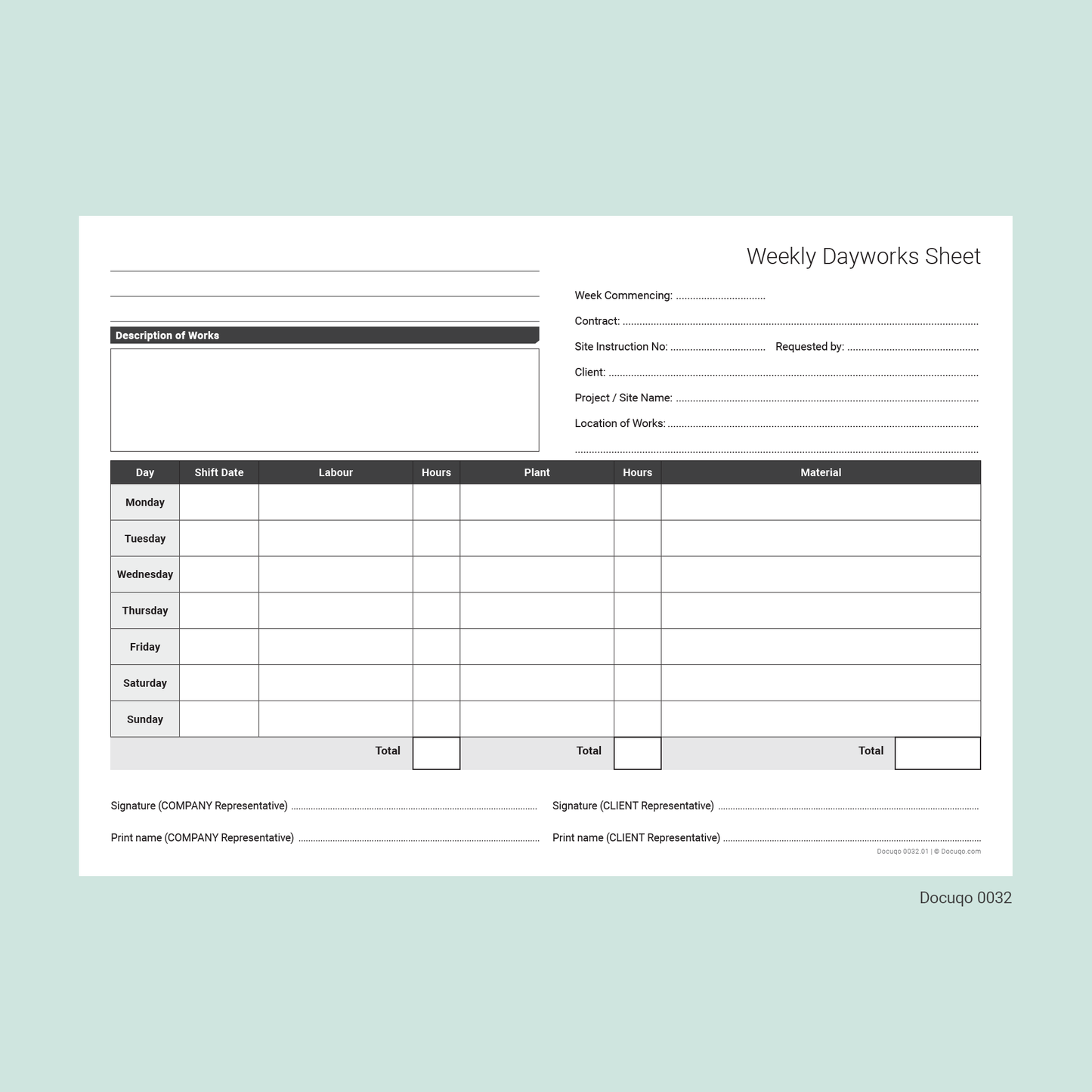 Blank with address line at header - Weekly Dayworks Sheet Template for Site Use (Docuqo 0032)