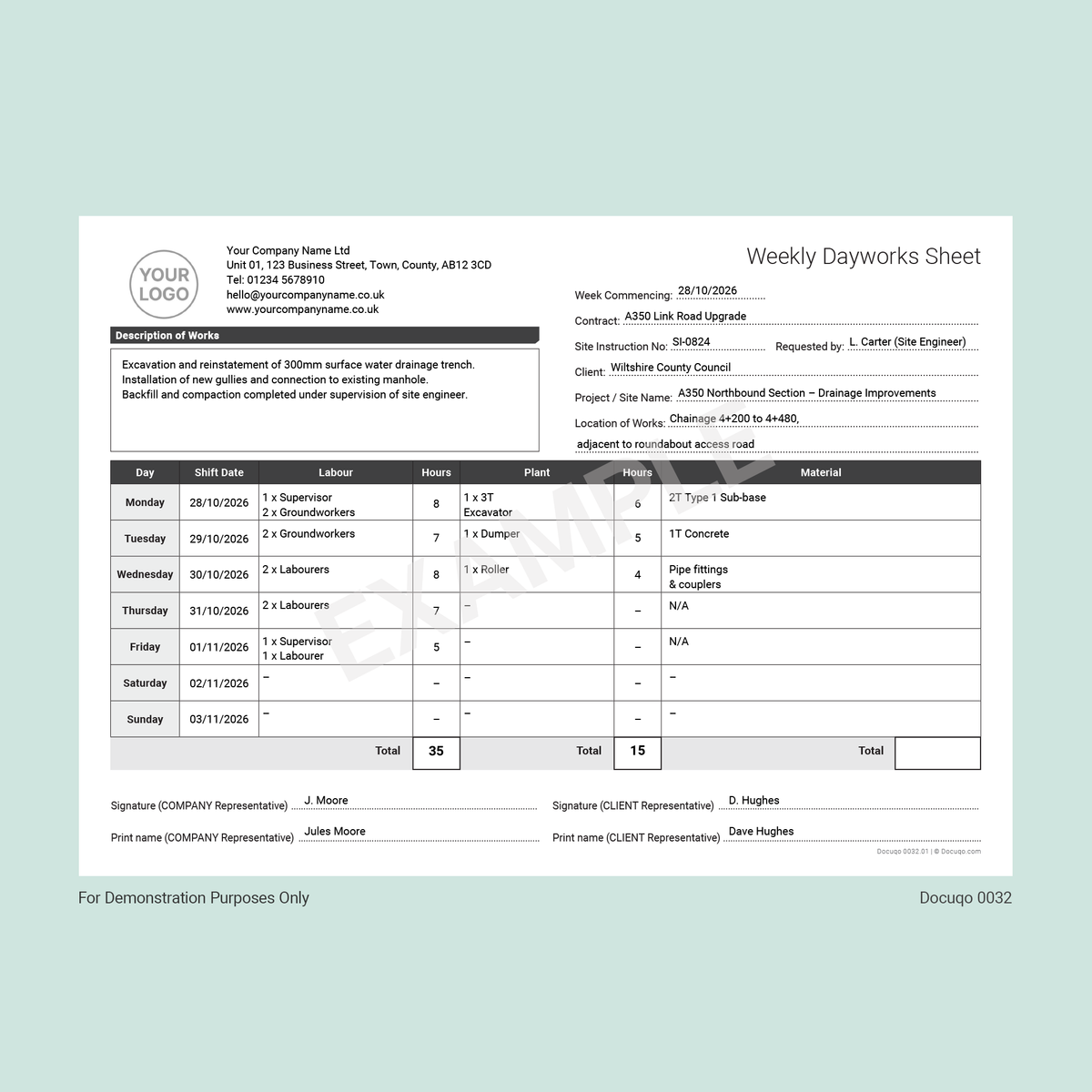 Day Works Template.pdf Weekly Dayworks Sheet (UK, A4 Fillable PDF) – Construction Site ...