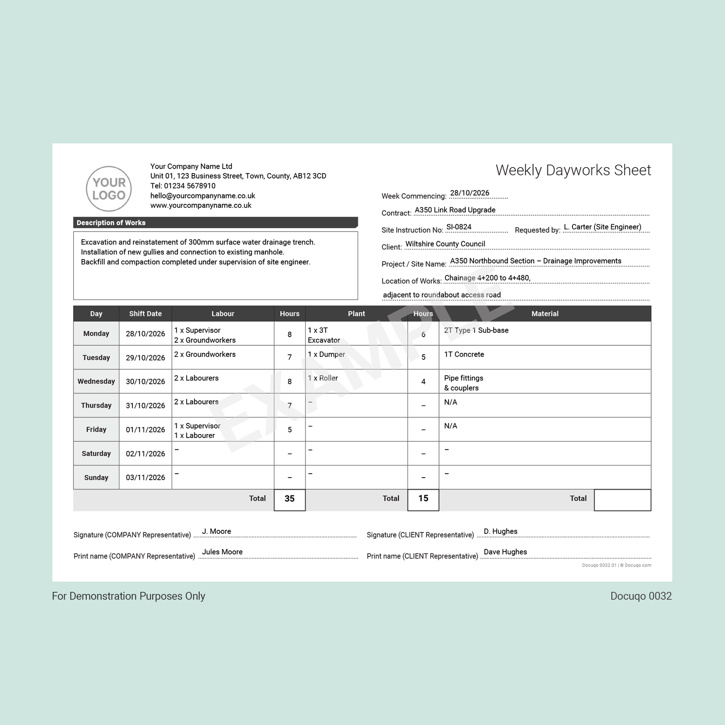 Example Weekly Dayworks Sheet for Construction & Groundworks (Docuqo 0032)