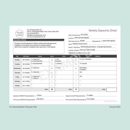 Example Weekly Dayworks Sheet for Construction & Groundworks (Docuqo 0032)