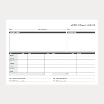 Weekly Dayworks Sheet Template – Fillable PDF A4 Download (Docuqo 0009)