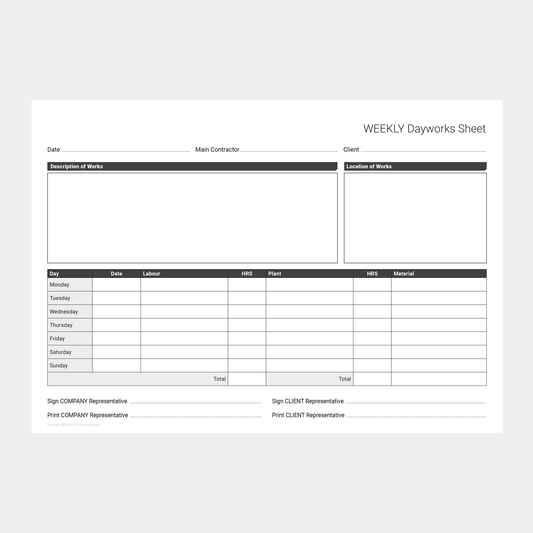 Weekly Dayworks Sheet Template – Fillable PDF A4 Download (Docuqo 0009)