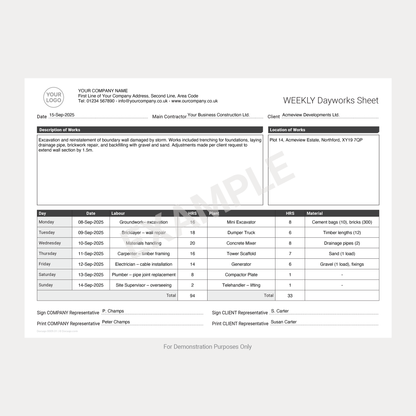 Weekly Dayworks Sheet Template – Fillable PDF A4 Download (Docuqo 0009)
