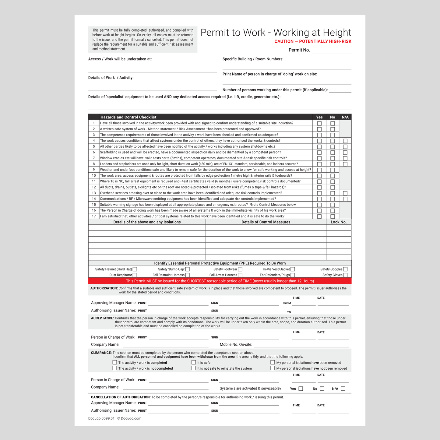 Working at Height – Permit to Work (UK) | A4 Fillable PDF | Docuqo 0099