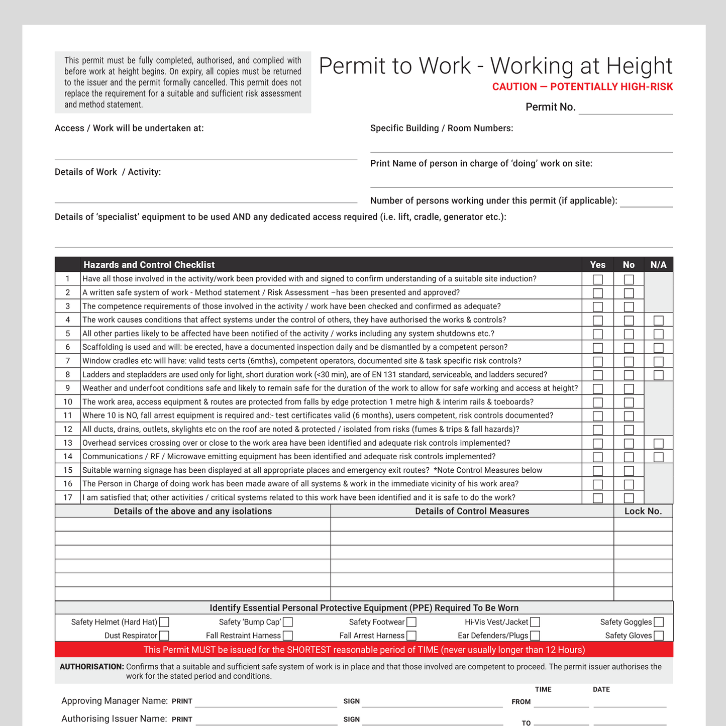 Working at Height – Permit to Work (UK) | A4 Fillable PDF | Docuqo 0099