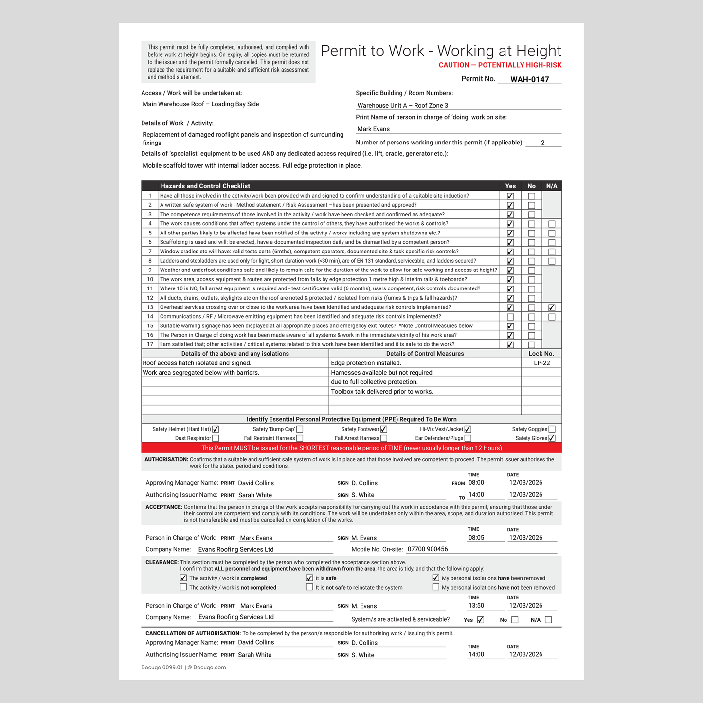 Working at Height – Permit to Work (UK) | A4 Fillable PDF | Docuqo 0099
