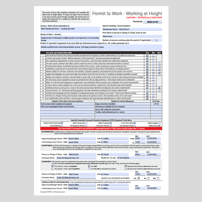 Working at Height – Permit to Work (UK) | A4 Fillable PDF | Docuqo 0099